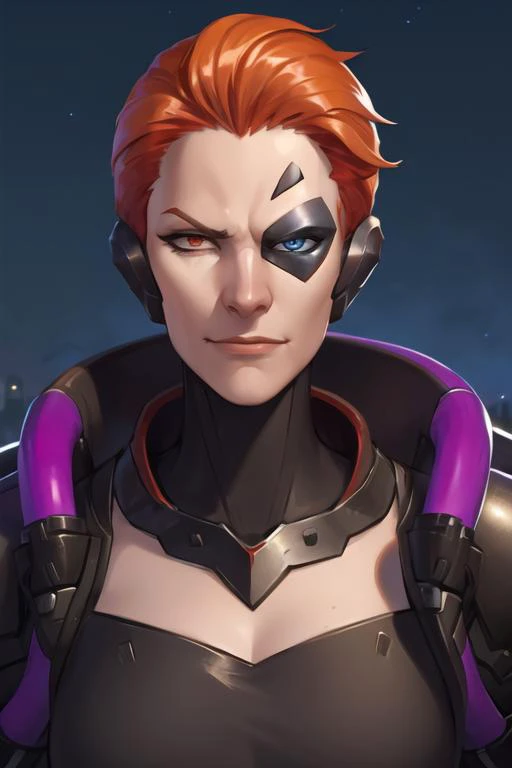 portrait, moira, (heterochromia), half-mask, looking at viewer, cruel smirk, arrogant face expression, night sky background, <lora:moiraOverwatchLORA_v1:0.7>, best quality