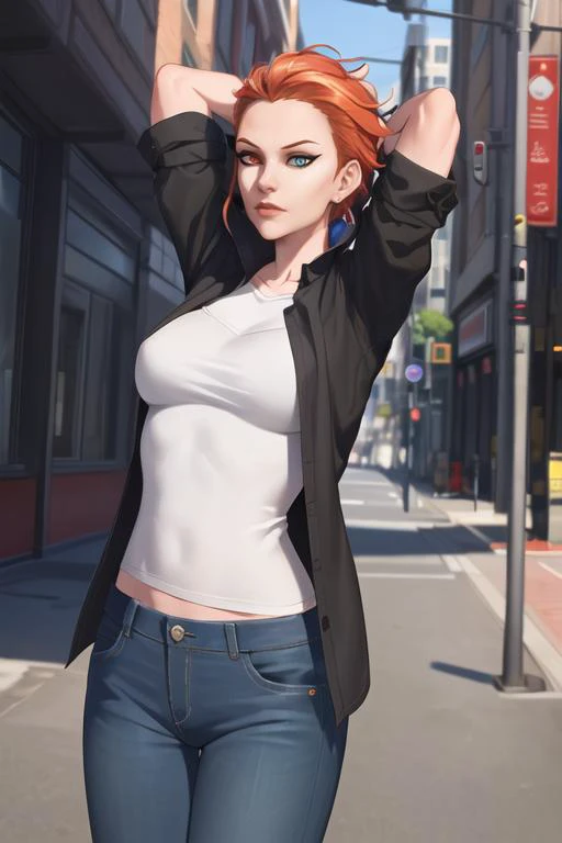 portrait, waist up, moira, heterochromia, (red and blue eyes), casual clothes, shirt, jeans, city street, sunlight, stretching,<lora:moiraOverwatchLORA_v1:0.7>, best quality