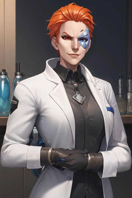 moira, lab coat, heterochromia, half-mask, looking at viewer, glass vials, cruel smirk, arrogant face expression, modern laboratory background, <lora:moiraOverwatchLORA_v1:0.7>, best quality