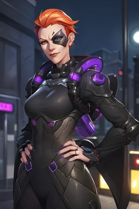 portrait, waist up, moira, bodysuit, hands on hips, confident pose, heterochromia, half-mask, long fingernails, cruel smirk, glowing, arrogant face expression, moonlight, cyberpunk city street, night, <lora:moiraOverwatchLORA_v1:0.7>, best quality