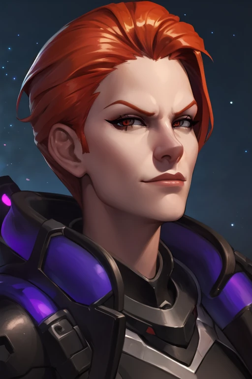 portrait, moira, looking at viewer, cruel smirk, arrogant face expression, night sky background, <lora:moiraOverwatchLORA_v1:0.7>, best quality