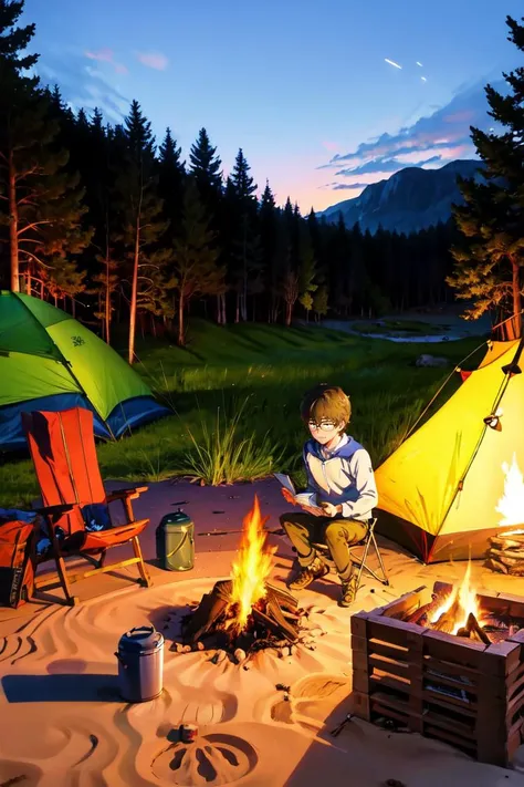 absurdres, highres, best quality, <lora:naoto:1> hachiouji naoto, 1boy, glasses, camping, campfire, sitting, reading, tent, brown eyes,