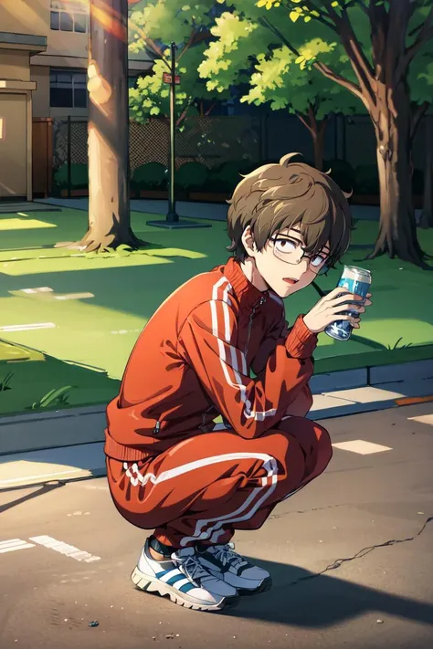 absurdres, highres, best quality, <lora:naoto:1> hachiouji naoto, 1boy, glasses, adidas tracksuit, squatting, beer bottle, outdoors, park, drunk, brown eyes,