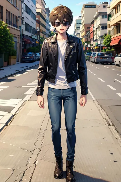 absurdres, highres, best quality, <lora:naoto:1> hachiouji naoto, 1boy, leather jacket, sunglasses, denim pants, combat boots, delinquent,