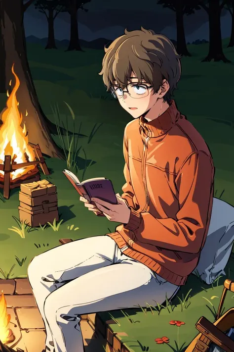 absurdres, highres, best quality, <lora:naoto:1> hachiouji naoto, 1boy, glasses, camping, campfire, sitting, reading,