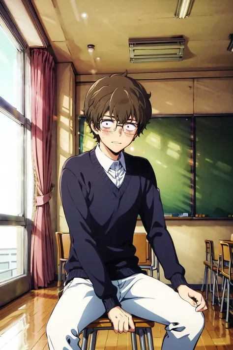 absurdres, highres, best quality, <lora:naoto:1> hachiouji naoto, 1boy, glasses, sitting, classroom, blush,