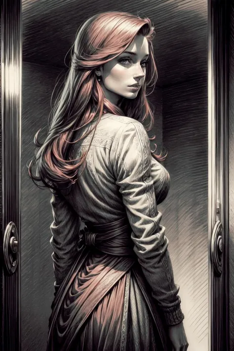 A beautiful red head woman with green eyes facing away but looking back over her shoulder at you, waist up shot, hyperdetailed, detailed, (masterpiece)ï¼(perfect hands),
pencil sketch, hatching,<lora:sketch v0.7-000010:0.8>,<lora:neg4all_bdsqlsz_xl_V7:1>,<lora:add_detail:1>,