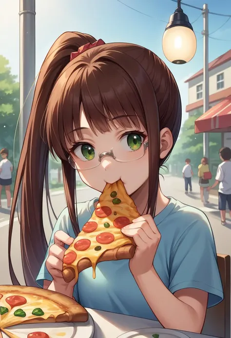 score_9, score_8_up, source_anime, 1girl, RuriMiyamoto, brown hair, bangs, very long hair, ponytail, green eyes, glasses, t-shirt, eating, table, upper body, pizza, happy, lamp, outdoors, street, lamppost, <lora:ChamRuriMiyamotoPonyXL:1>