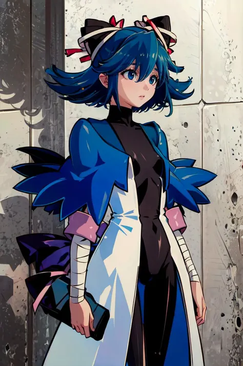 smile, <lora:Mikimoto_haruhiko_style_v02:1> <lora:RtPL-Serene:1> serene_\(riviera\), blue_capelet, white_coat, black_bodysuit, black_headwear, bandages, short_hair,, ultra detailed, masterpiece, best quality,
