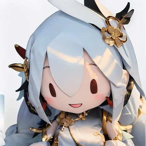 masterpiece, best quality,fu1fu,(character doll),(chibi:1.2), <lora:fufuRealisticAnime_v10:1>,(((Large breasts))),shenhe (genshin impact),solo,((((looking at viewer:1.25)))), long hair, white hair, braid hair ornament, chinese clothes , (silver blue eyes) , hair over one eye, (hair ornament) ,white chinese breast curtain, tassel earpiece, <lora:shenheLoraCollection_shenheMedium:1>,