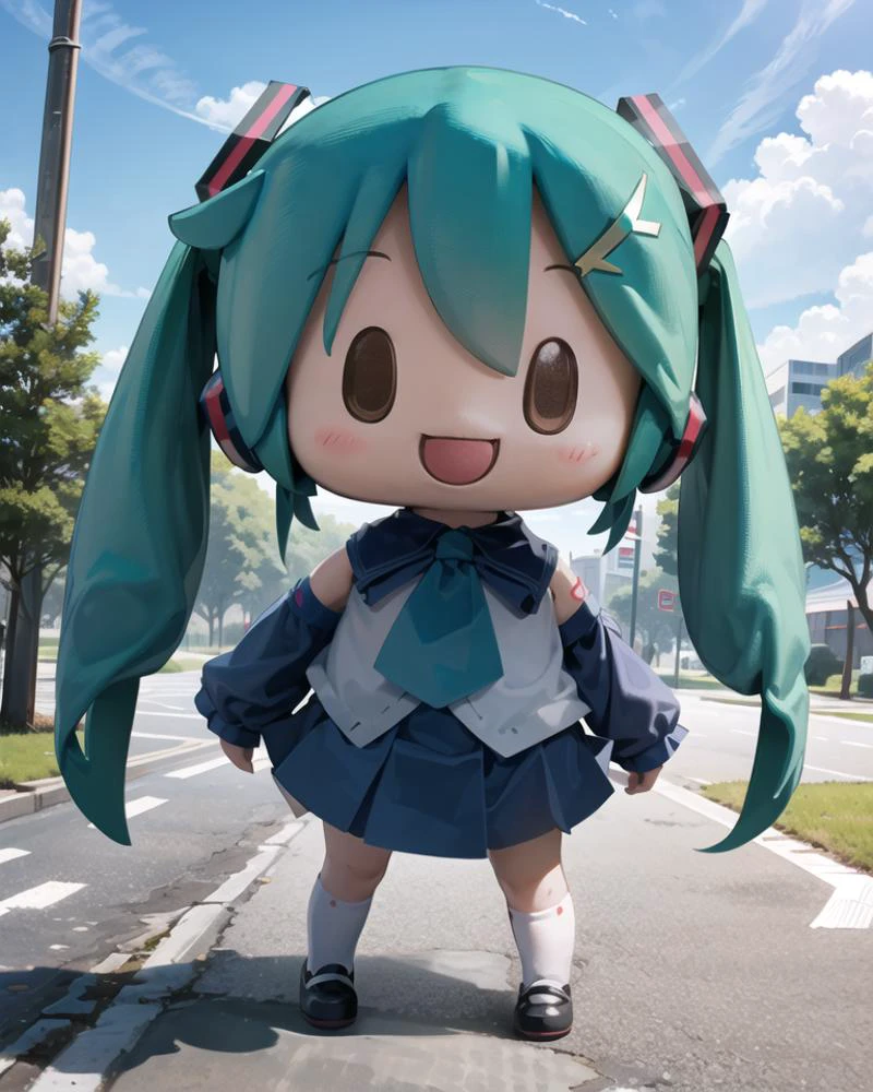 1girl, solo, :3, standing, outdoors, (chibi),
<lora:mikudayo:0.8>, (mikudayoo, twintails, green hair),
<lora:popteamepic-10:0.2>, (pop team epic),
<lora:fufu:1>, fu1fu, charcter doll, chibi,