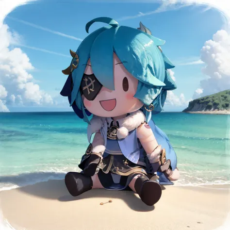 masterpiece, best quality,
(fu1fu, character doll, chibi:1.2), solo,
kaeya \(genshin impact\),
smile, fullbody, sitting,
(eyepatch:1.2), dark-skinned, gloves, blue short hair, earrings, blue eyes, single earring, dark skin, parted bangs, black gloves, fur shoulder, pants, sleeves,
outdoor, floating on sea, sun,
<lora:fufuRealisticAnime_v10:1.2> <lora:kaeyaGenshinImpact_v10:0.8>