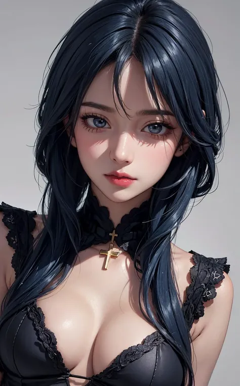 Woman, 30 years, adult, gradient blue hair, sexy maid black white clothes, nigth, soft ligth, red lips, face detail, cowboy shot, fingers --style realistic-imagine -