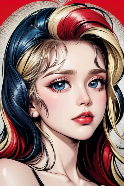 (Best quality, 8k, 32k, Masterpiece, UHD:1.2), ((J.A.W. Cooper)), ((Roy Lichtenstein artstyle:1.2)), trending on artstation, woman, very emotional, luscious lips, medium-long red hair, (intricate details), long hair, medium blonde, ringlets, (Vivid colors:1.3), <lora:more_details:1>