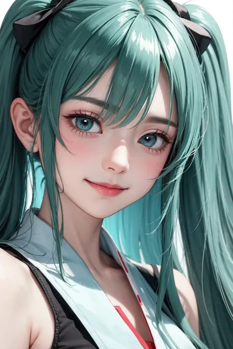 <lyco:hatsunemiku1-000006: 0.4>, focus, (shaohua, mikudef:0.8), upper body, close-up, smile, blush, low saturation, soft light, masterpiece, 14 yo