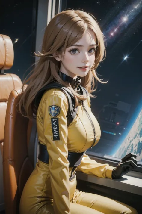 photograph, perspective, 1lovely girl, blash, greet, shy, holding toys, teddy toy, yellow suit, smile, female engineer, perfect body, dynamic angle, close-up, dynamic pose, (spacesuit:1), (spcaecraft:1.2), indoor, girl in spacecraft, high technology, (VR:0.8), modern, advanced technology, dim light, in the dark, bokeh, flare, dirty