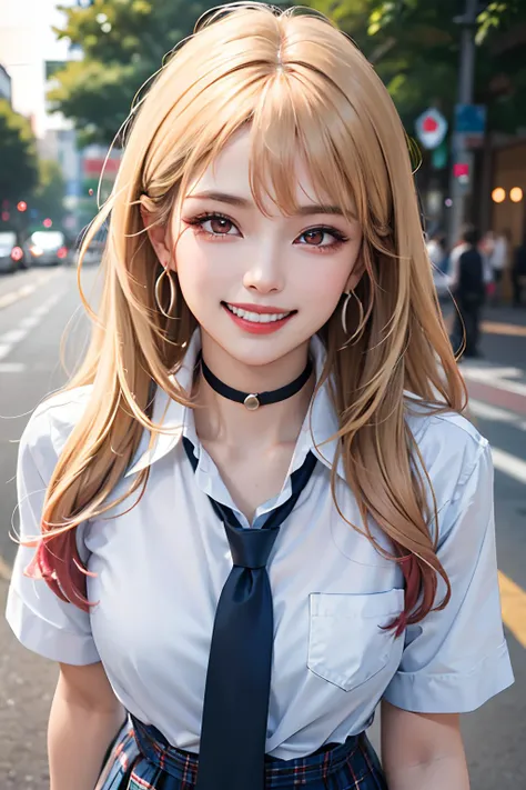 masterpiece, top quality, best quality, official art, highres, ultra-high res, ultra-detailed, beautiful and aesthetic, perfect detailed face, detailed eyes, highly detailed, (photorealistic:1.2)
1girl, dynamic pose, (dynamic angle), (depth of field:1.4, Vibrant Color Palette, Detailed and Realistic), blonde hair, long hair, multicolored hair, bangs, (red eyes), jewelry, earrings, piercing, school uniform, white shirt, tied shirt, black choker, blue necktie, plaid skirt, <lora:kitagawa_marin_v1-1:0.7>, (grin:1.2), laughing, v-shaped eyebrows, teeth, cowboy shot, outdoors, ((smile, happy, playful)), summer, Shibuya Center Street, wind, sunlight, walking, movement, teenage, fashion model, nail art, false nail, shrugging, looking at viewer,