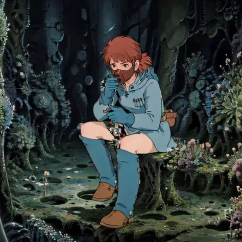 <lora:Nausicaa003:0.7>,
Nausicaa,1girl,
mask,
hood,
blue_dress,long_sleeves,
blue gloves,
spats,
knee_boots,
full body,
fungal_forest,