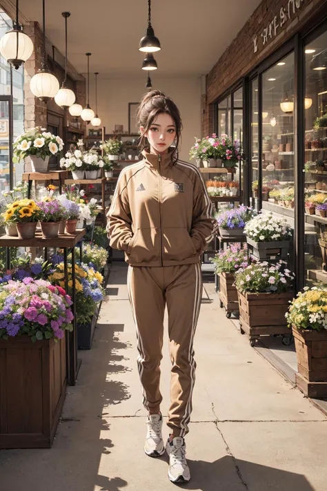 ((masterpiece)), (best quality), official art, extremely detailed CG, unity 8k wallpaper, ultra detailed,
vintage 70s photo of a young girl, surfer girl type, golden brown sleek ponytail, wearing tracksuit with racing stripes, low-top sneakers, retro sports watch, (70s style boutique flower shop: a flower shop filled with bouquets of colorful blooms, where customers select arrangements in wicker baskets), soft lighting, high quality, film grain, Fujifilm XT3, Newyork, USA, (sepia:1.3),