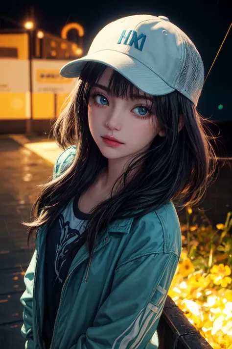 An award winning master piece photo of a Beholder Female with Azure colors standing in a flowers at night in the rain, wearing neon-colored glowing Trucker hat, 8k, (high quality:1.1) , (cinematic feeling:1.1) , dark deep shadows, incredibly intricate detailing, art, (up close:1.1) , from above, looking at viewer, (light sparkles:1.1) , (chromatic aberration:1.2) background with floating light artifacts, <lora:GoodHands-beta2:1> <lora:hairdetailer:0.4> <lora:add_detail:0.7> <lora:detailed_eye:0.4>