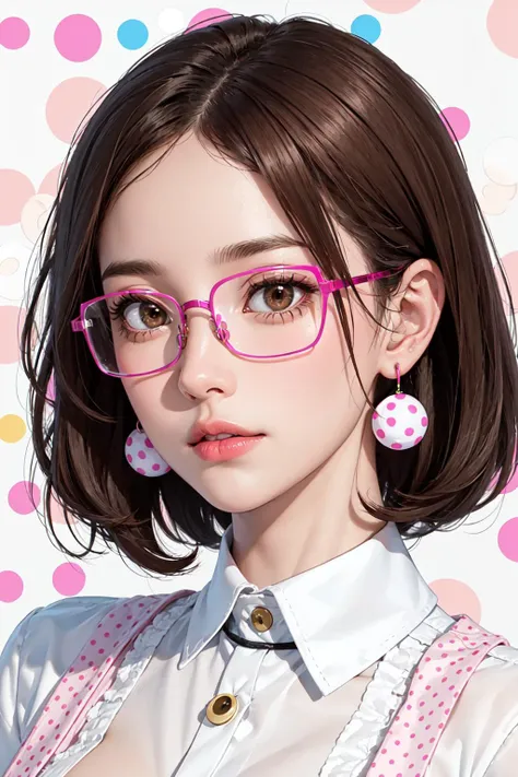 masterpiece, best quality, hires, 1girl, ((milf, older woman)), brown hair, short hair, earrings, large breasts, square glasses, white shirt, (pink dot pattern background)