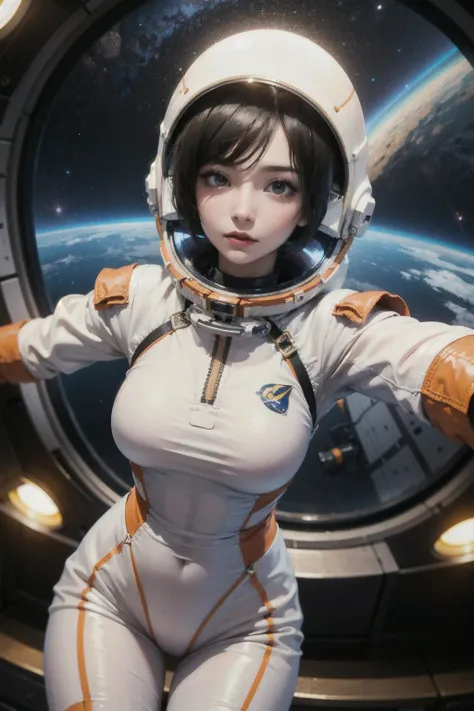photograph, perspective, 1girl, perfect body, slender, dynamic angle, close-up, dynamic pose, (spacesuit:1.4), (spcaecraft:1.2), indoor, girl in spacecraft, female engineer