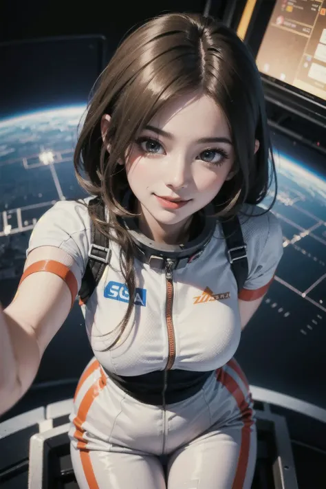 photograph, perspective, 1lovely girl, blash, greet, shy, smile, perfect body, dynamic angle, close-up, dynamic pose, (spacesuit:1), (spcaecraft:1.2), indoor, girl in spacecraft, female engineer, high technology, (VR:0.8), modern, advanced technology, dim light, in the dark, bokeh, flare, dirty