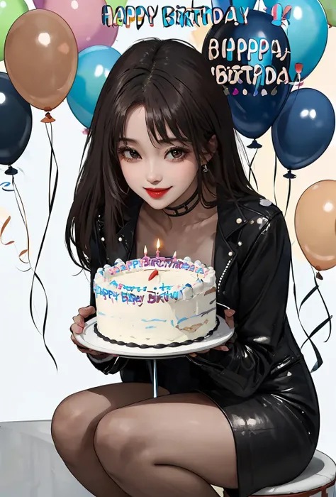(8k, best quality, masterpiece:1.2),dark lighting,photon mapping,radiosity,Korean Doll,<lora:BeautyNwsjMajic2:0.8>,1girl,tasting her (big birthday cake:1.5),smiling,extreme detailed black sexy leather,above knee,birthday candle,handling a fork