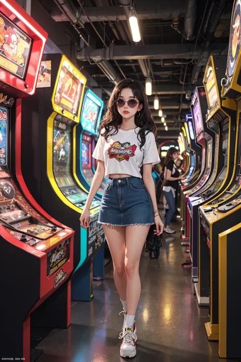 ((masterpiece)), (best quality), official art, extremely detailed CG, unity 8k wallpaper, ultra detailed,
vintage 70s photo of a young girl, fashion icon type, platinum crimped waves, wearing ringer tee, denim skirt with patches, platform sneakers, retro sunglasses, (70s style arcade: a dimly lit arcade packed with pinball machines, video games, and the sounds of bells and electronic beeps, where teenagers compete for high scores), soft lighting, high quality, film grain, Fujifilm XT3, Newyork, USA,