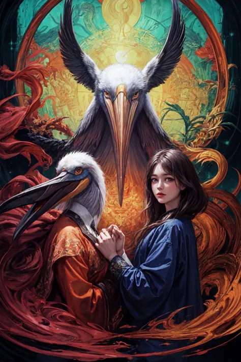 realistic detailed Pelican, zodiac leo by dan mumford, Art Nouveau, Neo-Gothic, Surreality, 60s Kitsch and Psychedelia, rich deep moody colors, <lora:GoodHands-beta2:1> <lora:hairdetailer:0.4> <lora:add_detail:0.7> <lora:detailed_eye:0.4>