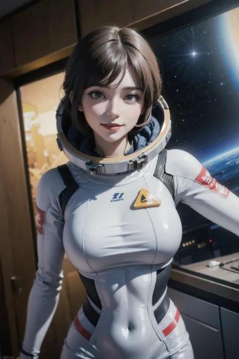 photograph, perspective, 1lovely girl, blash, greet, shy, smile, perfect body, dynamic angle, close-up, dynamic pose, (spacesuit:1), (spcaecraft:1.2), indoor, girl in spacecraft, female engineer, high technology, (VR:0.8), modern, advanced technology, dim light, in the dark, bokeh, flare, dirty