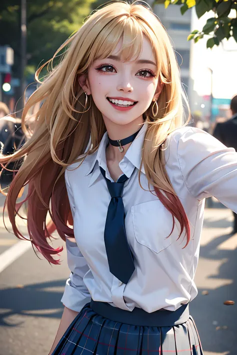masterpiece, top quality, best quality, official art, highres, ultra-high res, ultra-detailed, beautiful and aesthetic, perfect detailed face, detailed eyes, highly detailed,
1girl, dynamic pose, (dynamic angle), (depth of field:1.4, Vibrant Color Palette, Detailed and Realistic, Light and Shadow, Emotional Lighting, Immersive Visuals, Luminous and Atmospheric), blonde hair, long hair, multicolored hair, bangs, (red eyes), jewelry, earrings, piercing, school uniform, white shirt, tied shirt, black choker, blue necktie, plaid skirt, <lora:kitagawa_marin_v1-1:0.7>, (grin:1.2), laughing, v-shaped eyebrows, teeth, cowboy shot, outdoors, ((smile, happy, playful)), summer, Shibuya Center Street, wind, sunlight, walking, movement, teenage, fashion model, nail art, false nail, shrugging,