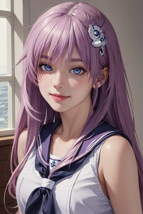 (masterpiece:1.4, best quality), (intricate details), unity 8k wallpaper, ultra detailed,  (photorealistic:1.4), indoors, bedroom,  detailed background, realistic, solo, perfect detailed face, detailed eyes, highly detailed,looking at viewer, blush,smile,  upper body,arms behind back,  ((sailor fuku,sailor uniform,sleeveless, ))  <lora:PurpleSisterWhiteAndChaos:1>,purple sister,hair ornament