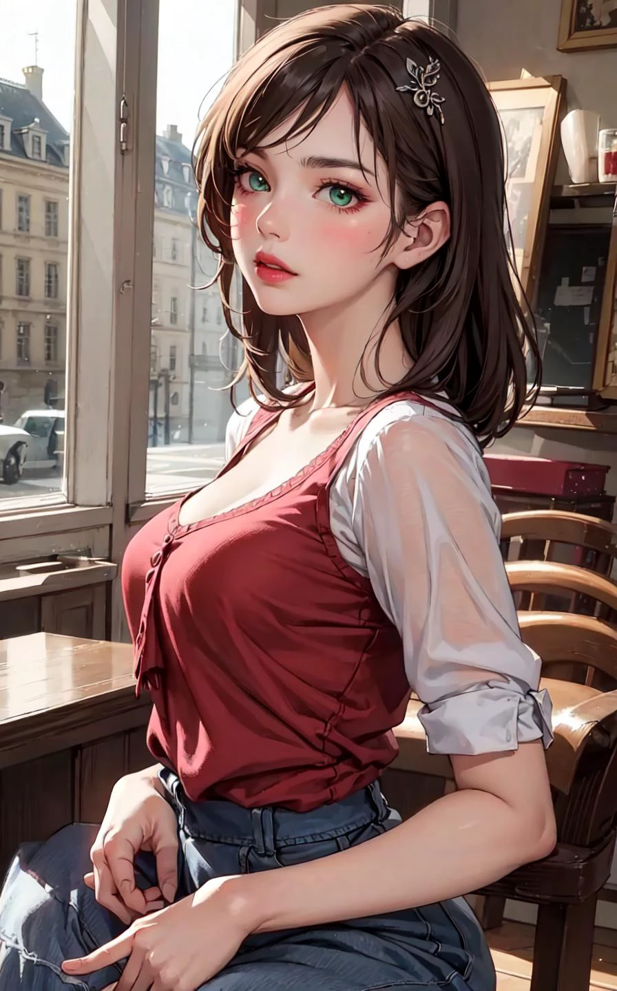 (masterpiece:1.4, best quality), (intricate details), unity 8k wallpaper, ultra detailed, beautiful and aesthetic, perfect lighting, (1girl), dynamic pose, dynamic angle, lipstick, slim, slim body, medium breasts, (Silk_blouse:1.5),(Pleated_midi_skirt:1.4),(Pearl_earrings:1.3),(Parisian_cafe_background:1.5), detailed background, realistic, solo, perfect detailed face, detailed eyes, highly detailed, blush, green eyes, hair ornament, medium hair,