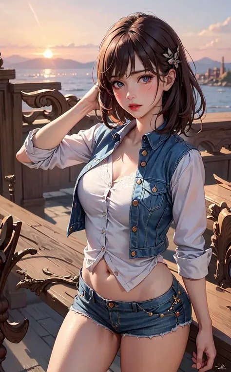 (masterpiece:1.4, best quality), (intricate details), unity 8k wallpaper, ultra detailed, beautiful and aesthetic, perfect lighting, (1girl), dynamic pose, dynamic angle,  lipstick, slim, slim body, medium breasts, (Festival_fringe_vest:1.4),(Ripped_denim_shorts:1.3),(Cowboy_boots:1.2),(Desert_sunset_background:1.4), detailed background, realistic, solo, perfect detailed face, detailed eyes, highly detailed, blush, hair ornament, medium hair,