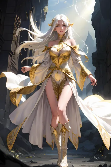 an experienced fey sorceress, high-necked long flowing cloth-of-gold dress, white boots. emerging from dense fog. highly detailed face, intricate eyes and hair. sunbeams. hard directional light. volumetric light.