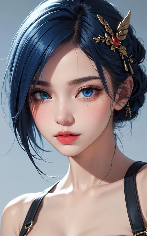 (masterpiece:1.4, best quality), (intricate details), unity 8k wallpaper, ultra detailed, beautiful and aesthetic, perfect lighting, (1girl), (blue hair, blue eyes, medium breasts),, dynamic pose, dynamic angle,  lipstick, slim, slim body, medium breasts, , detailed background, realistic, solo, perfect detailed face, detailed eyes, highly detailed, blush, hair ornament, rolling_eyes, cross-eyed,