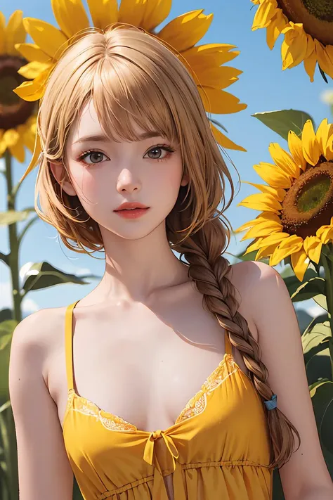 (ultra high res,photorealistic,realistic,best quality,photo-realistic), (8k, raw photo, best quality, masterpiece), ((nsfw)), (photon mapping, radiosity, physically-based rendering,automatic white balance), technological sense, best quality, masterpiece, illustration,CG ,unity ,wallpaper, official art, Amazing, finely detail, an extremely delicate and beautiful,extremely detailed, highly detailed, sharp focus,rich background,blurry background, (real person,photograph), (((high detailed skin,visible pores))), ((small breasts)), A character with a bright, sunny disposition. She wears a yellow sundress adorned with sunflowers, and her upper body and face are painted in vibrant shades of yellow and orange. Her hair is styled in a braid with sunflowers woven in.