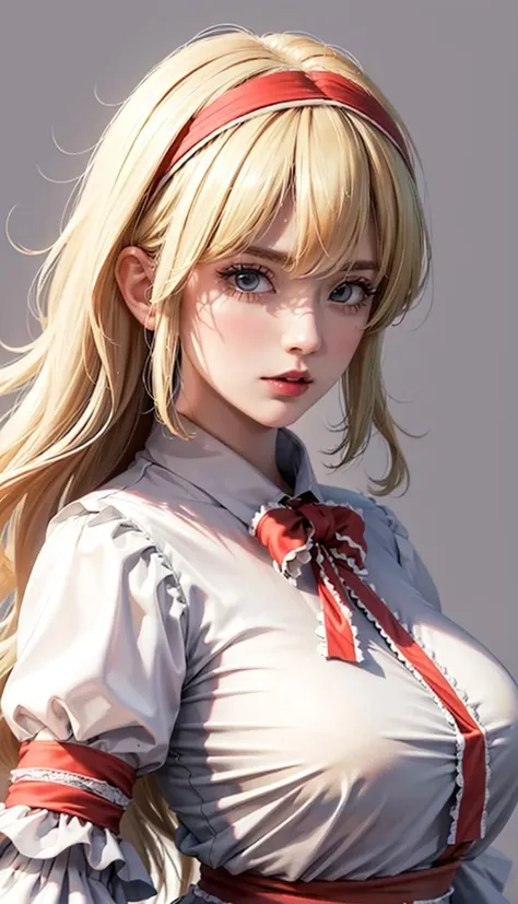 (8k), sharp focus, highres, 1girl, alice, upper body, arisdef, blonde hair, (sash, bow, hair band), Gigantic breasts, dress, (high quality:1.2), (high detail:1.2), (masterpiece:1.2), (extremely detailed:1.2), <lora:alice:0.8>