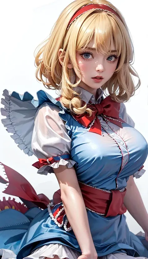 (8k), sharp focus, highres, 1girl, alice, upper body, arisdef, blonde hair, (sash, bow, hair band), Gigantic breasts, dress, (high quality:1.2), (high detail:1.2), (masterpiece:1.2), (extremely detailed:1.2), <lora:alice:0.8>