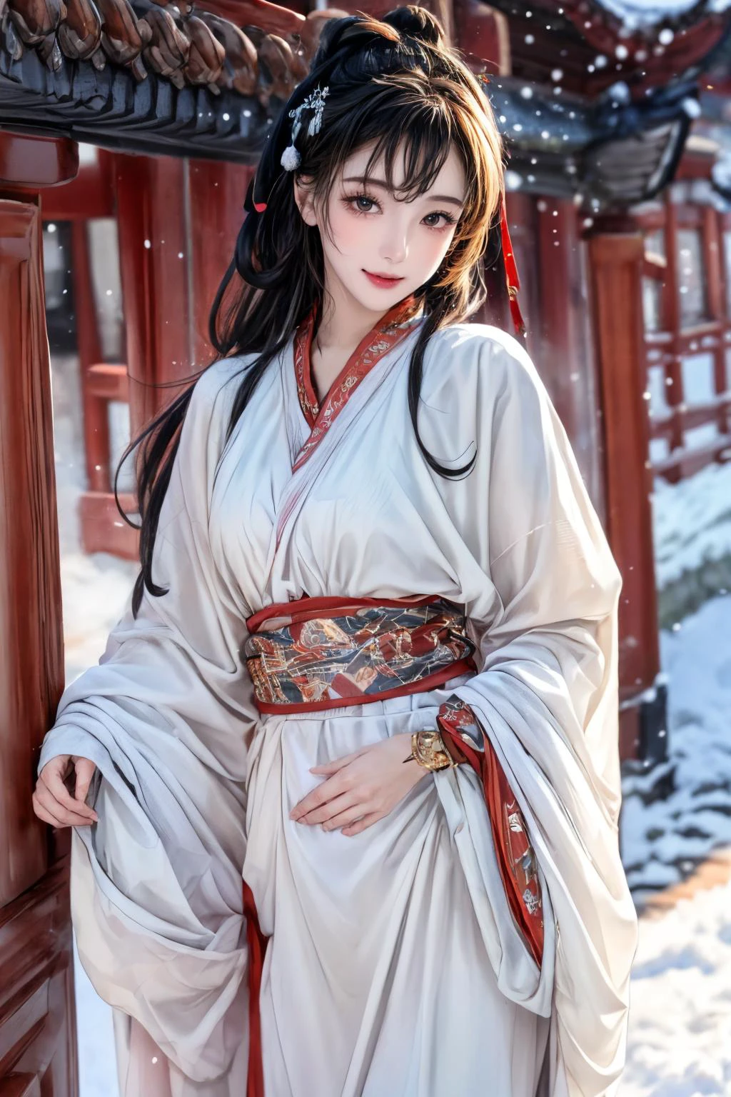 (Highest picture quality), (ultra-detailed), (sharp focus), close-up, (depth of field), RAW, realistic, colorful, vivid colors, (masterpiece), (best quality), photorealistic, absurdres, highres, intricate details, maximum details, delicate, HD, rich details, extremely exquisite, original, official art, beautiful and aesthetic, BREAK, detailed eyes, detailed skin, detailed face, Good anatomy, good structure, Good composition, perfect composition, amazingly realistic render in 4k, golden ratio, hand of Guido Daniele, BREAK, (explosive light and shadow:1.1), extremery detailed cg, (rim lighting:1.1), (two tone lighting:1.1), (Rembrandt lighting:1.1), anime aesthetic, anime coloring, best illustration, BREAK, 1girl, solo, 20 years old, pov, face focus, emotional, symmetrical, (looking at viewer:1.2), stunning innocent symmetry face, ulzzang, blush, (PureErosFace_V1:0.7), cute Ethereal Female, shiny skin, skinny, slender body, narrow waist, huge breasts, petite, smile, happy, parted lips, cute, Makeup, ultra detailed beautiful big brown eyes, shiny eyes, wide-eyed, open mouth, bangs, red lips, (caramel brown long hair:1.1), hanfu, zhanguopao, traditional clothes, wide sleeves, long sleeves, very long hair, hair pulled back, parted bangs, hair ornament, hair ribbon, standing, outdoors, (east asian architecture:1.3), plant, (snow, winter:1.3), mountain, Bridge, (snowy:1.3), cloud, dancing, (cowboy shot:1.3), (bottom-up angle), (sunrise light), (diamond dust:1.5), (floating snow crystals:1.3), morning glow, clear, ethereal, beautiful, soft smiling, detailed iris, vibrant, film grain, natural skin texture, curvy body, female focus, detailed landscape, atmospheric lighting, vast perspective in the background, vast sky, (drawing with depth:1.1), (Perspective:1.1), lens flare, glare, beautiful sky, far away light, gentle breeze, Dazzling Atmosphere, (dynamic pose), (dynamic action), golden hour, (front view:1.4), glowing, beautiful detailed background, Scenes with extreme detail, over the top beautiful, 8k_wallpaper, extremely detail artwork, BREAK, <lora:add_detail:1>, <lora:epi_noiseoffset2:1>, <lyco:neg4all_bdsqlsz_V3.5:1>, <lyco:GoodHands-beta2:1>, <lora:AiOMG-æ¢¦ä¸æ
äººè¸æ¨¡DreamLoverFace_Lora_V1.0:1>, <lora:hanfu_zhanguopao_v1_05:0.75>