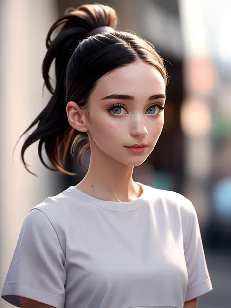 Realistic photo of a beautiful r00n3ym woman,1girl,solo,looking at viewer,shirt,black hair,closed mouth,upper body,ponytail,midriff,blurry,lips,crop top,grey eyes,blurry background,freckles,realistic, soft lighting, professional Photography, Photorealistic, detailed, RAW, analog, sharp focus, 8k, HD, high quality, masterpiece<lora:r00n3ym:1.0>