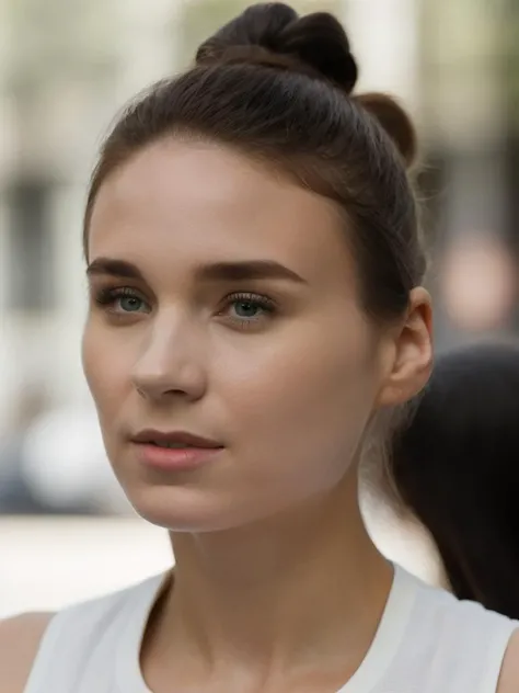 Realistic photo of a beautiful r00n3ym woman, 1girl,solo,looking at viewer,shirt,black hair,closed mouth,green eyes,upper body,sleeveless,hair bun,lips,sleeveless shirt,single hair bun,realistic,nose,soft lighting, professional Photography, Photorealistic, detailed, RAW, analog, sharp focus, 8k, HD, high quality, masterpiece<lora:r00n3ym:1.0>