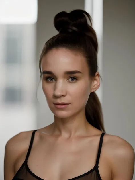Realistic photo of a beautiful r00n3ym woman, 1girl,looking at viewer,brown hair,bare shoulders,collarbone,upper body,ponytail,solo focus,bra,blurry,lips,black bra,realistic,soft lighting, professional Photography, Photorealistic, detailed, RAW, analog, sharp focus, 8k, HD, high quality, masterpiece<lora:r00n3ym:1.0>