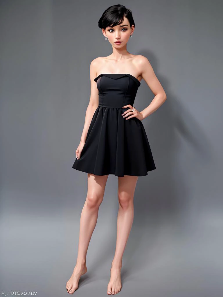 Realistic photo of a beautiful r00n3ym woman, 1girl,solo,short hair,black hair,dress,bare shoulders,jewelry,full body,earrings,barefoot,grey background,black dress, soft lighting, professional Photography, Photorealistic, detailed, RAW, analog, sharp focus, 8k, HD, high quality, masterpiece<lora:r00n3ym:1.0>