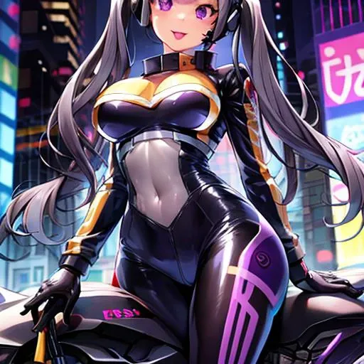 (masterpiece),(best quality),extreamly delicate and beautiful,illustration,((perfect female figure)),mature female,1 rider girl,i:p masquerena, bodysuit,black very long hair,twintails, purple eyes, cyberpunk city background,cat ears helmet,