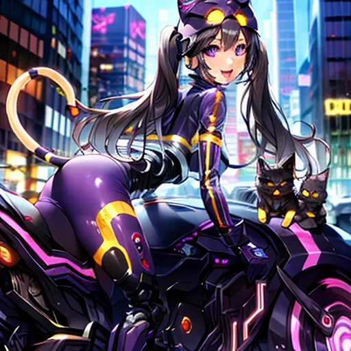 (masterpiece),(best quality),extreamly delicate and beautiful,illustration,((perfect female figure)),mature female,1 rider girl,i:p masquerena, bodysuit,black very long hair,twintails, purple eyes, cyberpunk  city background,cat ears helmet, riding cyber motorcycle,cat tail,open mouth,light smile,