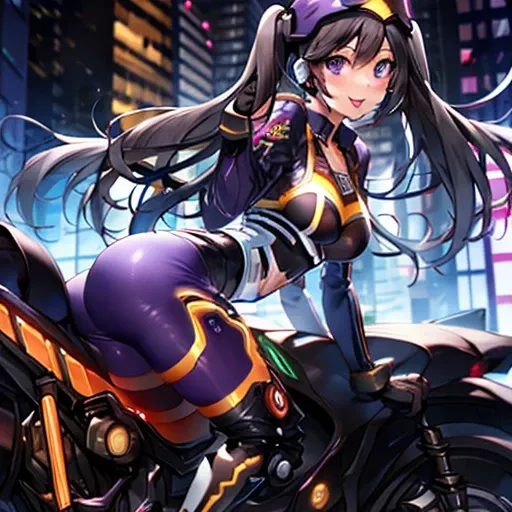 (masterpiece),(best quality),extreamly delicate and beautiful,illustration,((perfect female figure)),mature female,1 rider girl,i:p masquerena, bodysuit,black very long hair,twintails, purple eyes, cyberpunk city background,motorcycle helmet,