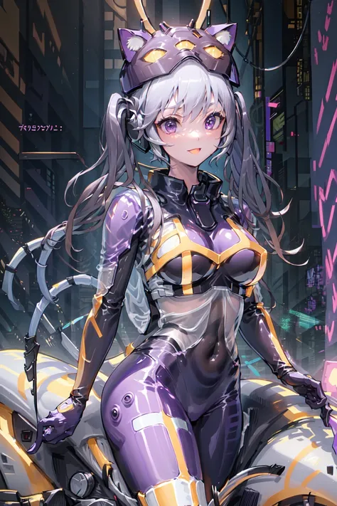 (masterpiece),(best quality),extreamly delicate and beautiful,illustration,((perfect female figure)),mature female,1 rider girl,i:p masquerena, bodysuit,black very long hair,twintails, purple eyes, cyberpunk city background,cat ears helmet,
<lora:ipIPMasquerenaIP_ipv10:1>