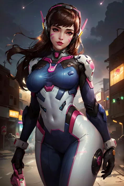 (masterpiece, best quality, ultra detailed, absurdres)1.5, 1girl, (sexy, beautiful woman, perfect face, perfect eyes, perfect female body, huge breasts)1.5, (dvaover, d.va \(overwatch\), long hair, brown hair, swept bangs, headphones, blue bodysuit, ribbed bodysuit, pilot suit, bunny print, v, whisker markings, facepaint, white gloves, facial mark, pink lips, high collar, shoulder pads, <lora:DVaOver:0.7>), (standing, meka \(overwatch\), robot, science fiction, Korean city in background, night sky), perfect lighting, smooth, hdr